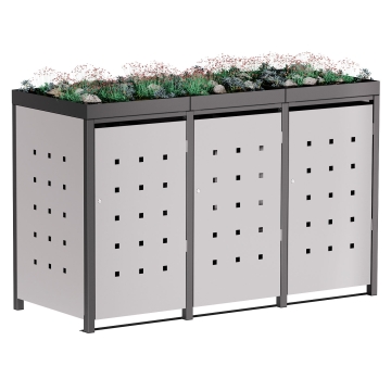 Cutie de gunoi Martha pentru 3 pubele de 240L, gri metalizat deschis cu cadru gri închis.