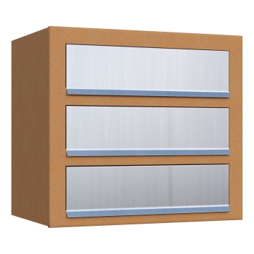 Cutie poștală Cube pentru trei familii, aspect rugină cu clapetă din inox.