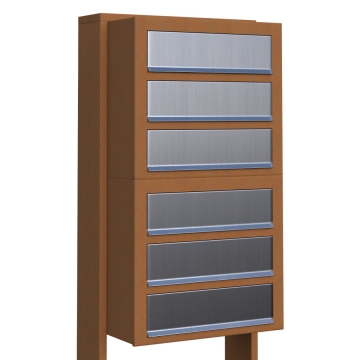 Cutie poștală Cube pentru șase locatari, aspect rugină cu clapetă din inox