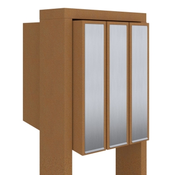 Cutie poștală Flag pentru trei locuințe, aspect rugină cu clapetă din inox.