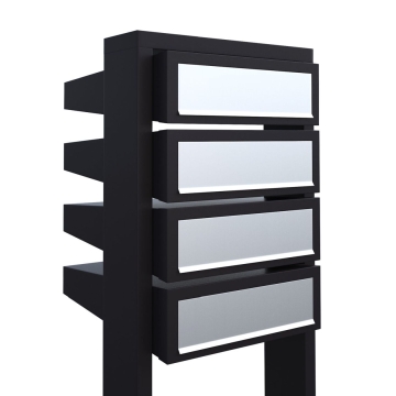 Cutie poștală cu 4 compartimente, model Stairs, neagră cu clapetă din inox.