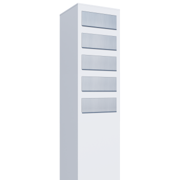 Cutie poștală monobloc Monolith pentru cinci locatari, albă cu clapetă din inox.