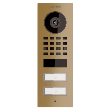 Interfon de exterior Smart-ON pentru două familii, compatibil Doorbird D1102V, aspect alamă.