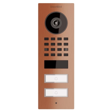 Interfon de exterior Smart-ON pentru două familii, model Doorbird D1102V, aspect bronz.
