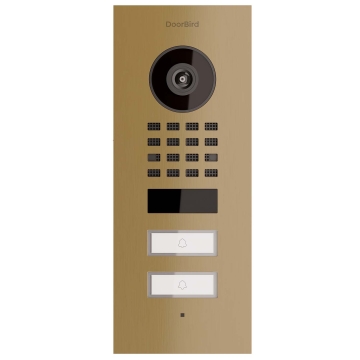 Interfon de ușă încastrat Smart-IN pentru două familii, compatibil Doorbird D1102V, aspect alamă.