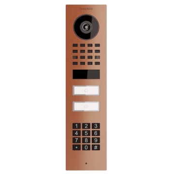 Interfon de exterior Smart-ON pentru două familii Doorbird D1102KV cu modul keypad, aspect bronz.