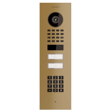 Videointerfon de perete Smart-IN pentru două familii Doorbird D1102KV cu modul tastatură, aspect alamă.