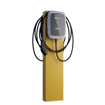 Stație de încărcare VW Wallbox StationMaster pentru două mașini, cu suport de podea și ancoră de fixare, galbenă.